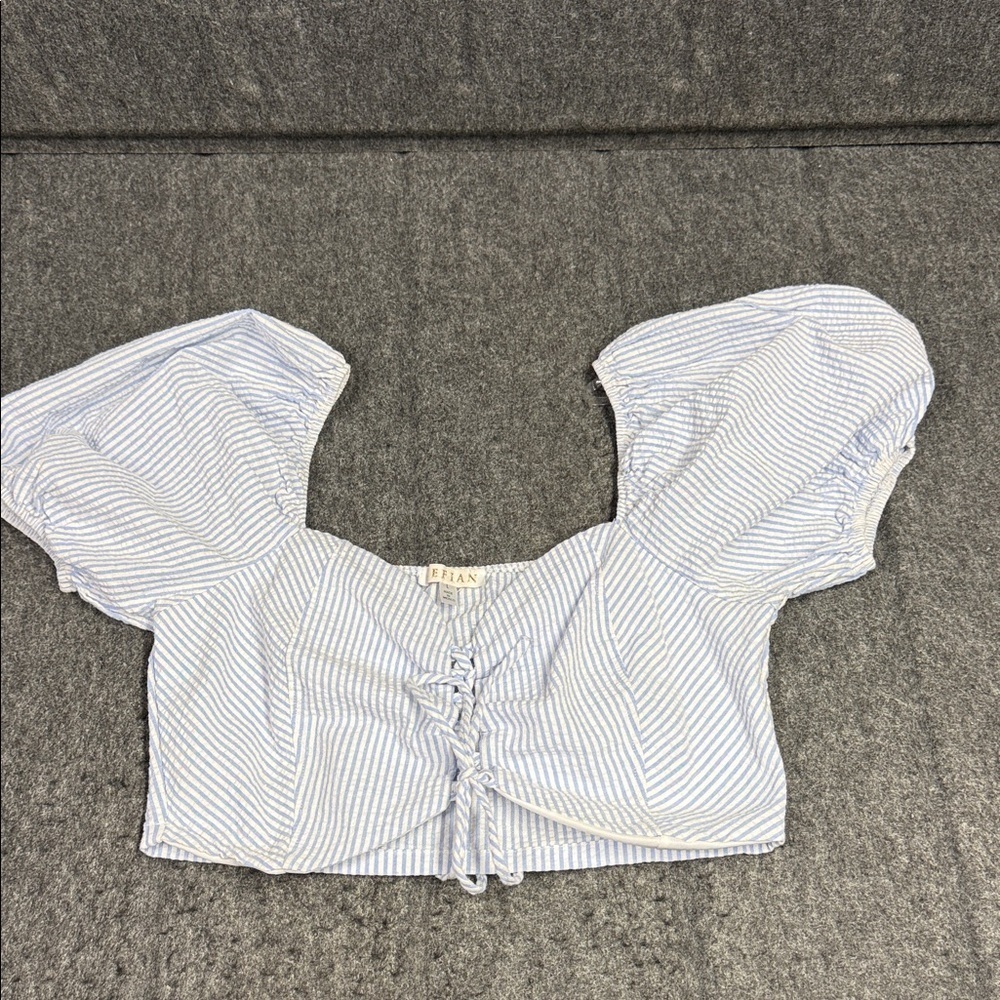 Cefian Chic Blue and White Striped Puff Sleeve Blouse